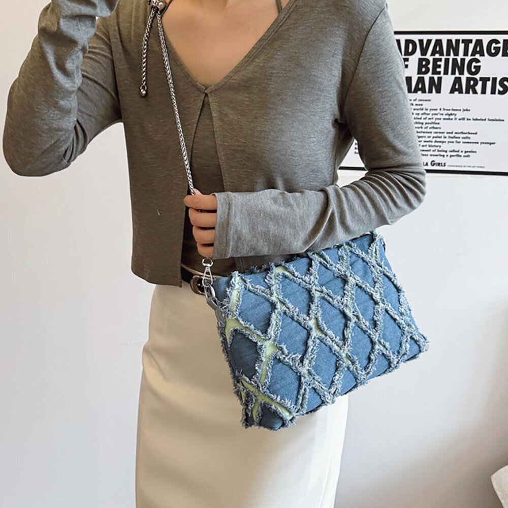 Women Denim Mini Bucket Crossbody Bag Quilted Distressed Tassel Purse - Picture 7 of 7